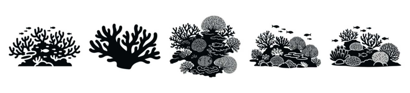 coral reef silhouette vector icon set, black color and white background