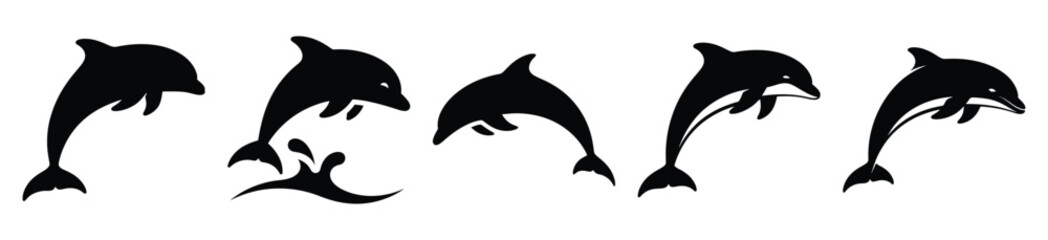 Fototapeta premium dolphin jump silhouette vector icon set, black color and white background
