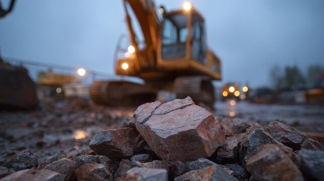 Yellow excavator on a wet construction site at twilight with rocks in the foreground - Powered by Adobe