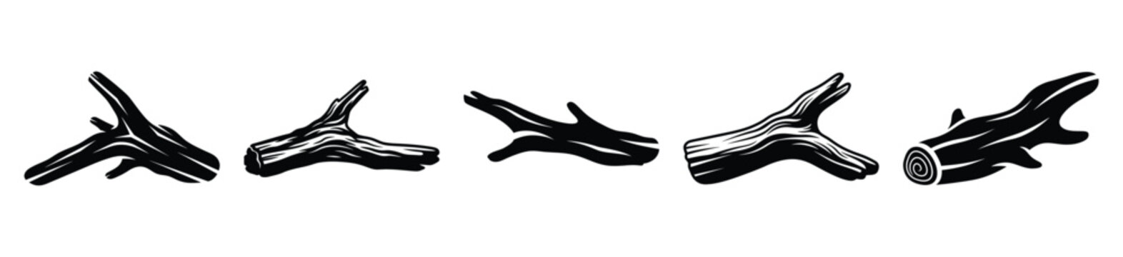 driftwood silhouette vector icon set, black color and white background