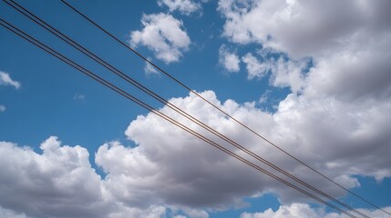 Fototapeta premium Three parallel power lines stretch diagonally across a vibrant blue sky filled with fluffy white and gray clouds