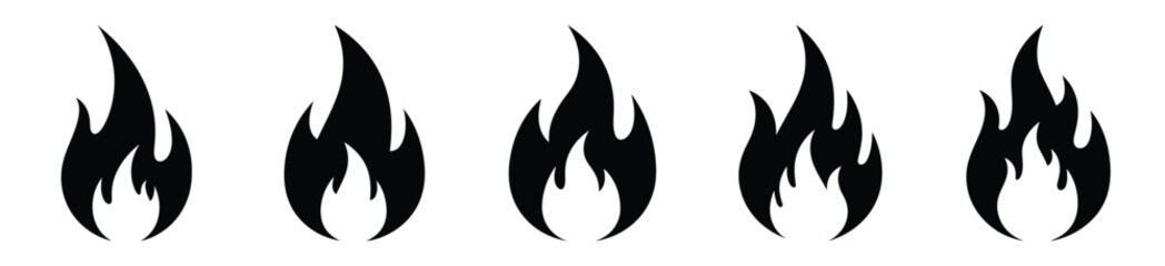 fire flame silhouette vector icon set, black color and white background