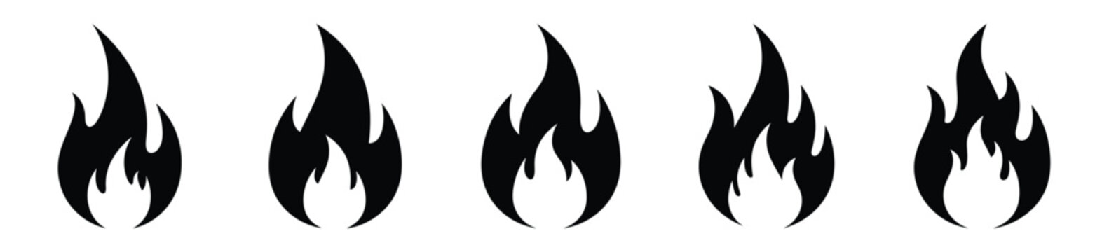fire flame silhouette vector icon set, black color and white background