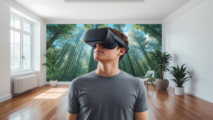 Young man wearing virtual reality headset exploring immersive forest scene with calm curiosity