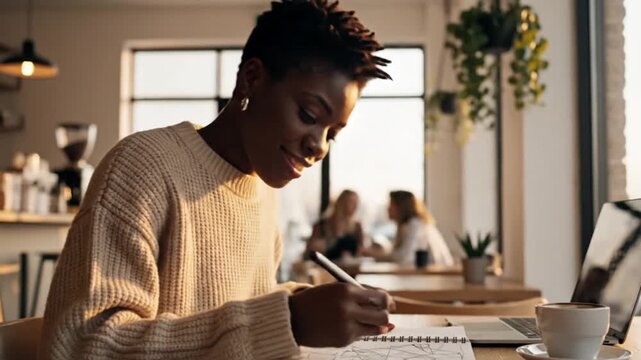 Young Black Woman Writing in Notebook at Cafe with Laptop, Natural Light