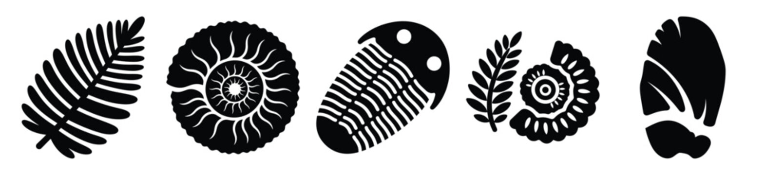 fossil imprint silhouette vector icon set, black color and white background