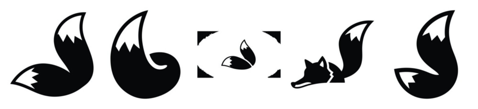 fox tail silhouette vector icon set, black color and white background