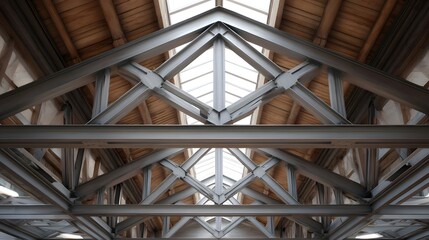 Intricate steel truss framework supporting a wooden roof with natural light from skylights