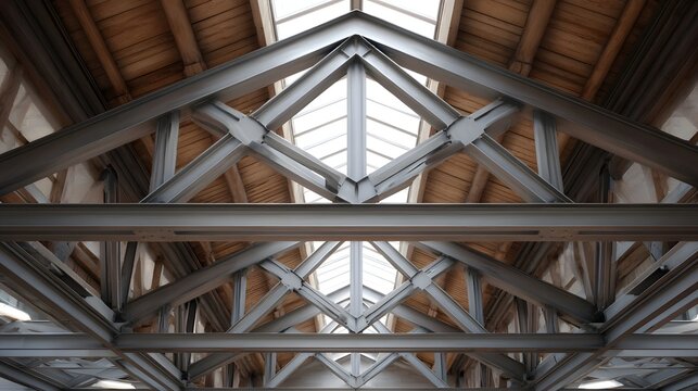 Intricate steel truss framework supporting a wooden roof with natural light from skylights