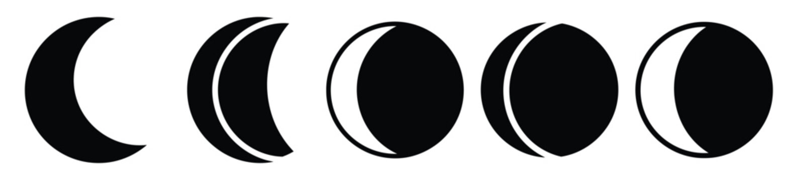 half moon silhouette vector icon set, black color and white background