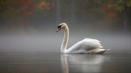 A white swan swimming gracefully on a misty lake during morning, soft fog, natural atmosphere