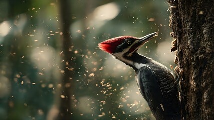 A woodpecker pecking tree bark in a dense forest, flying wood chips, action wildlife shot, natural daylight