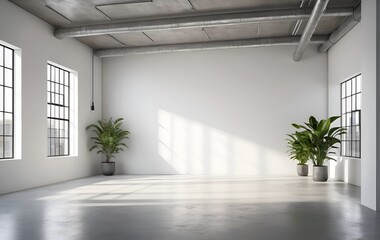 Obraz premium Minimalist empty industrial interior mockup with white walls, concrete floor, large windows, and green potted plants in sunlight.