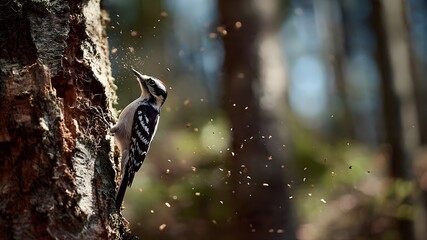 A woodpecker pecking tree bark in the forest, flying wood chips