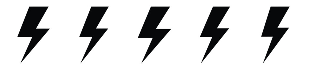 lightning bolt silhouette vector icon set, black color and white background
