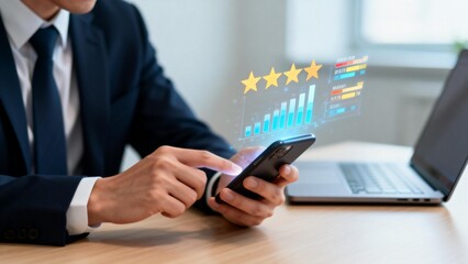 Businessman using smartphone with data visualization