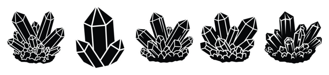mineral crystal silhouette vector icon set, black color and white background