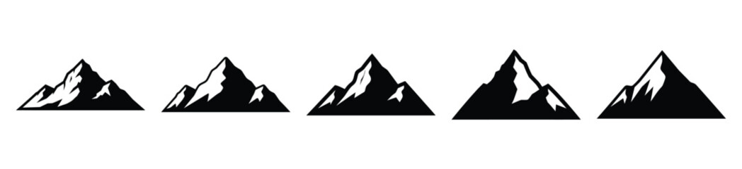 mountain peak silhouette vector icon set, black color and white background