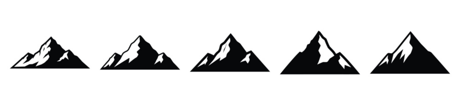 mountain peak silhouette vector icon set, black color and white background