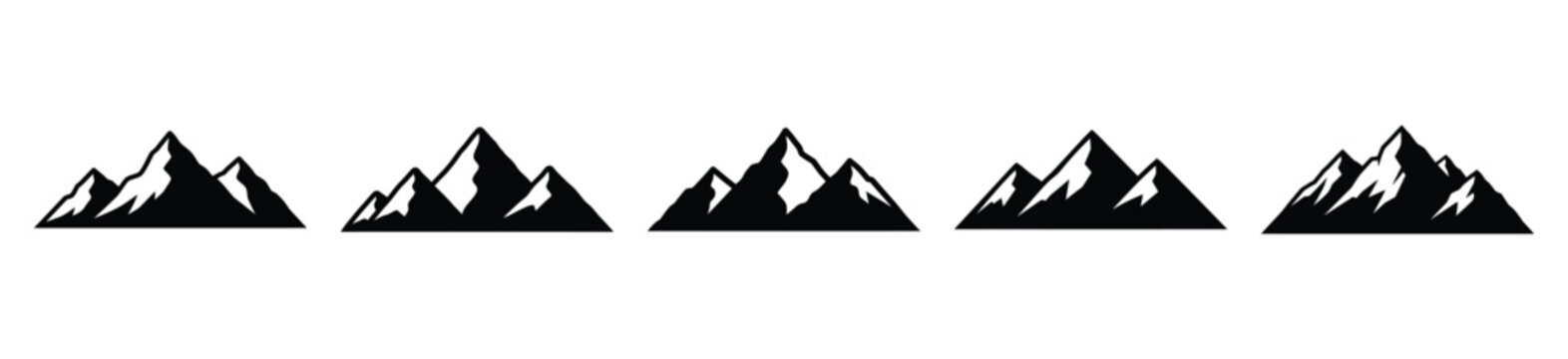mountain range silhouette vector icon set, black color and white background