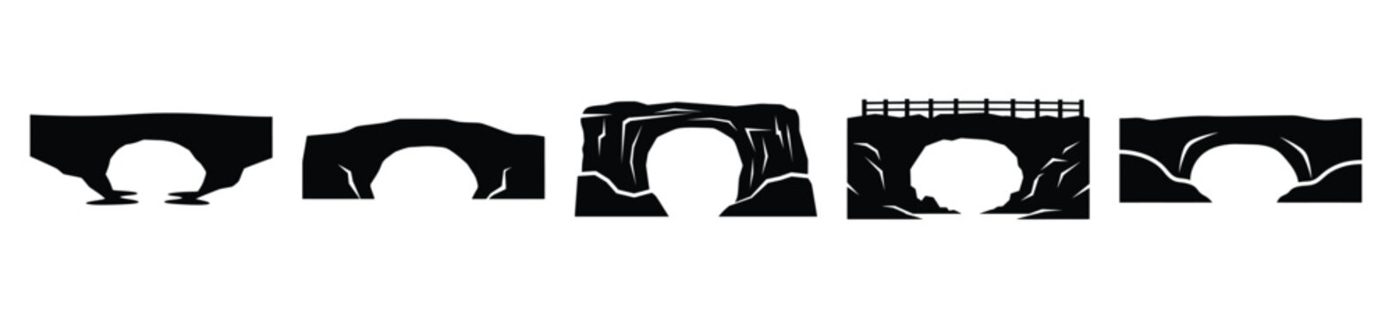 natural bridge silhouette vector icon set, black color and white background