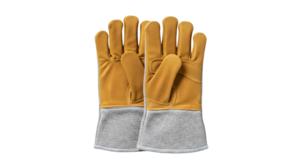 Pair of protective work gloves with yellow palms and knitted cuffs on transparent background