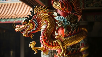 Fototapeta premium Vibrant Golden Dragon Statue in Traditional Chinese Temple Decoration.