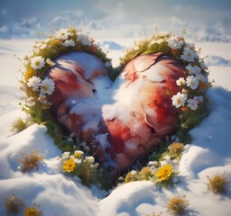 Romantic heart shape formed by melting snow, early spring flowers emerging