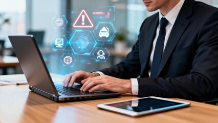 Businessman working on laptop with digital icons