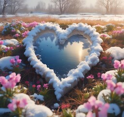 Romantic heart shape formed by melting snow, early spring flowers emerging