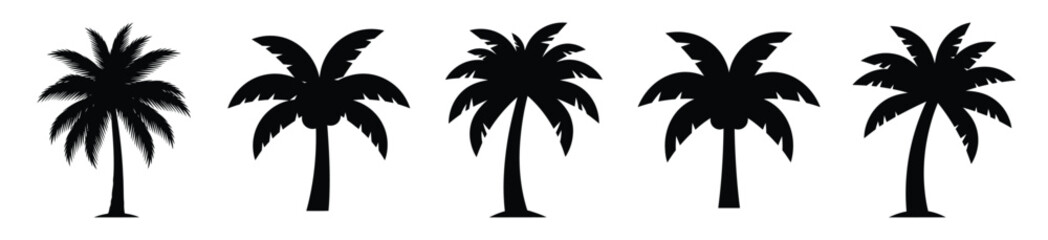 palm tree silhouette vector icon set, black color and white background