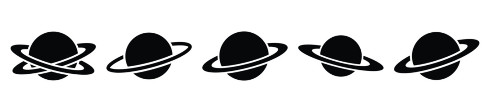 planet ring silhouette vector icon set, black color and white background