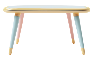 The study desk features rounded corners and a soft design. It has a playful color scheme with pastel legs. It is ideal for use in a home or educational setting