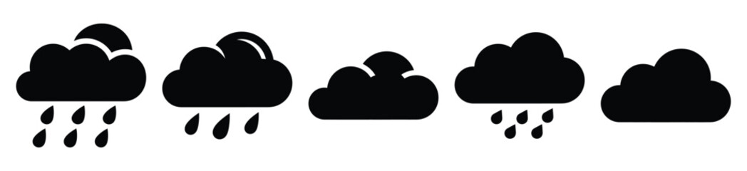 rain cloud silhouette vector icon set, black color and white background