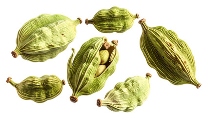 Naklejka premium Close-up of several green cardamom pods, one open showing seeds, against a black background