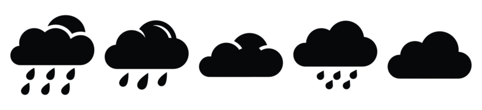 rain cloud silhouette vector icon set, black color and white background