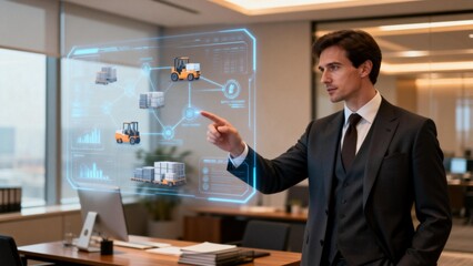 Businessman interacting with holographic interface