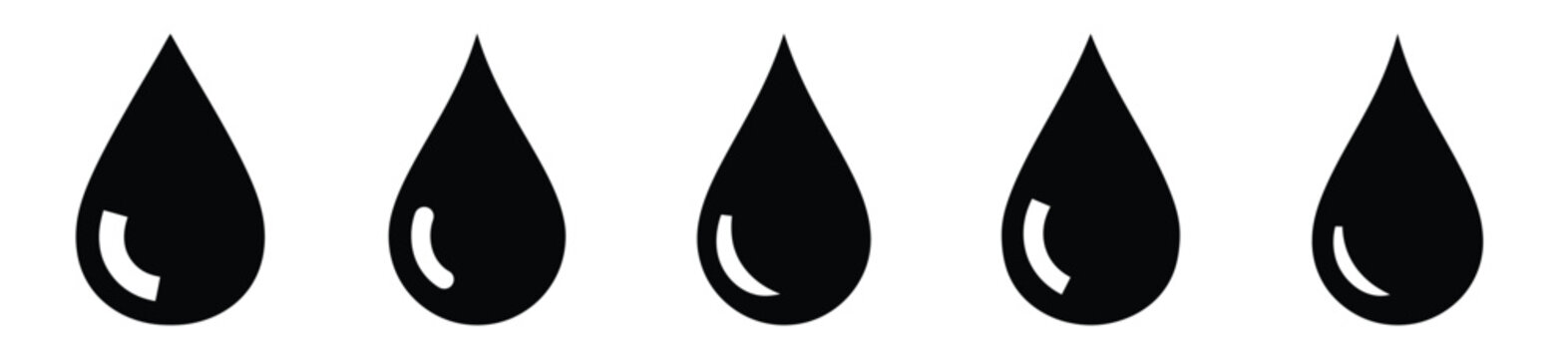 raindrop shape silhouette vector icon set, black color and white background