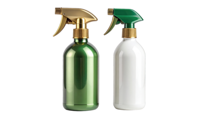 Two spray bottles, one green, one white, both with gold-colored sprayers