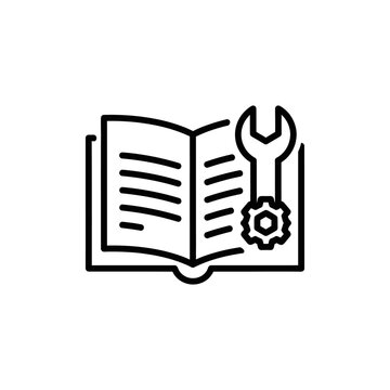 Open book with wrench and gear icon symbolizing technical manuals and maintenance guidance