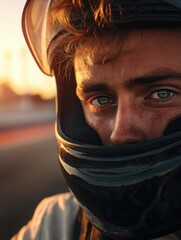 A sweaty race car driver removing their helmet