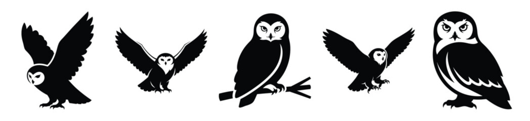snow owl silhouette vector icon set, black color and white background