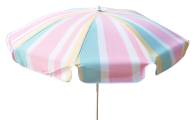 Beach umbrella with a round puffy canopy in shades of pink, blue, and yellow sits on a transparent background. Ideal for summer, outdoor scenes, or beach-themed designs and activities