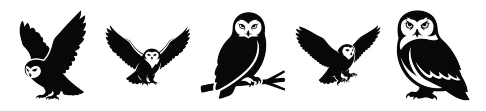 snow owl silhouette vector icon set, black color and white background