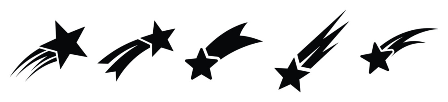 shooting star silhouette vector icon set, black color and white background
