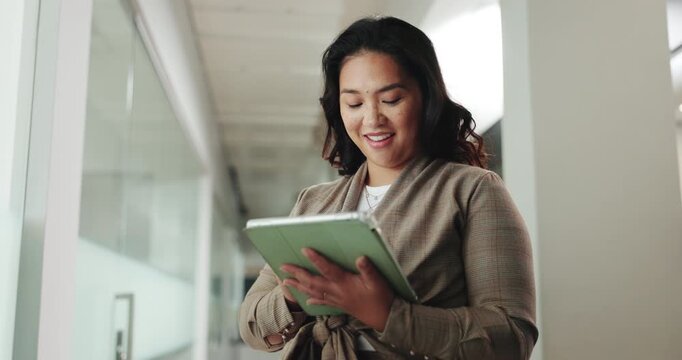 Woman, tablet and happy with thinking at office with typing, notification or deal for real estate project. Person, realtor and property developer with tech, app and smile with proposal in corridor
