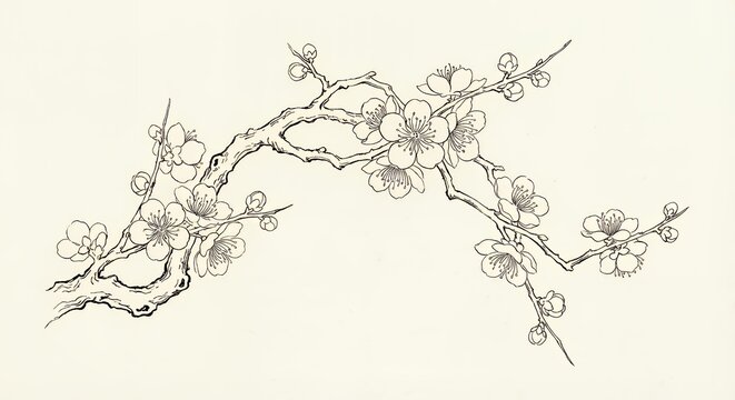 Beautiful minimalist black and white botanical drawing of a flowering cherry blossom branch in vintage Asian sumi e style on a cream canvas Perfect Any Project.