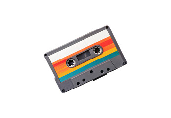 Fototapeta premium Retro cassette tape with rainbow stripes on gray case, isolated on a transparent background