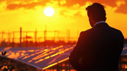 Banker in a charcoal suit gazing at a solar farm during a sunset, representing long-term sustainable investments