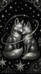 Obraz premium Mystical foxes in cosmic embrace.